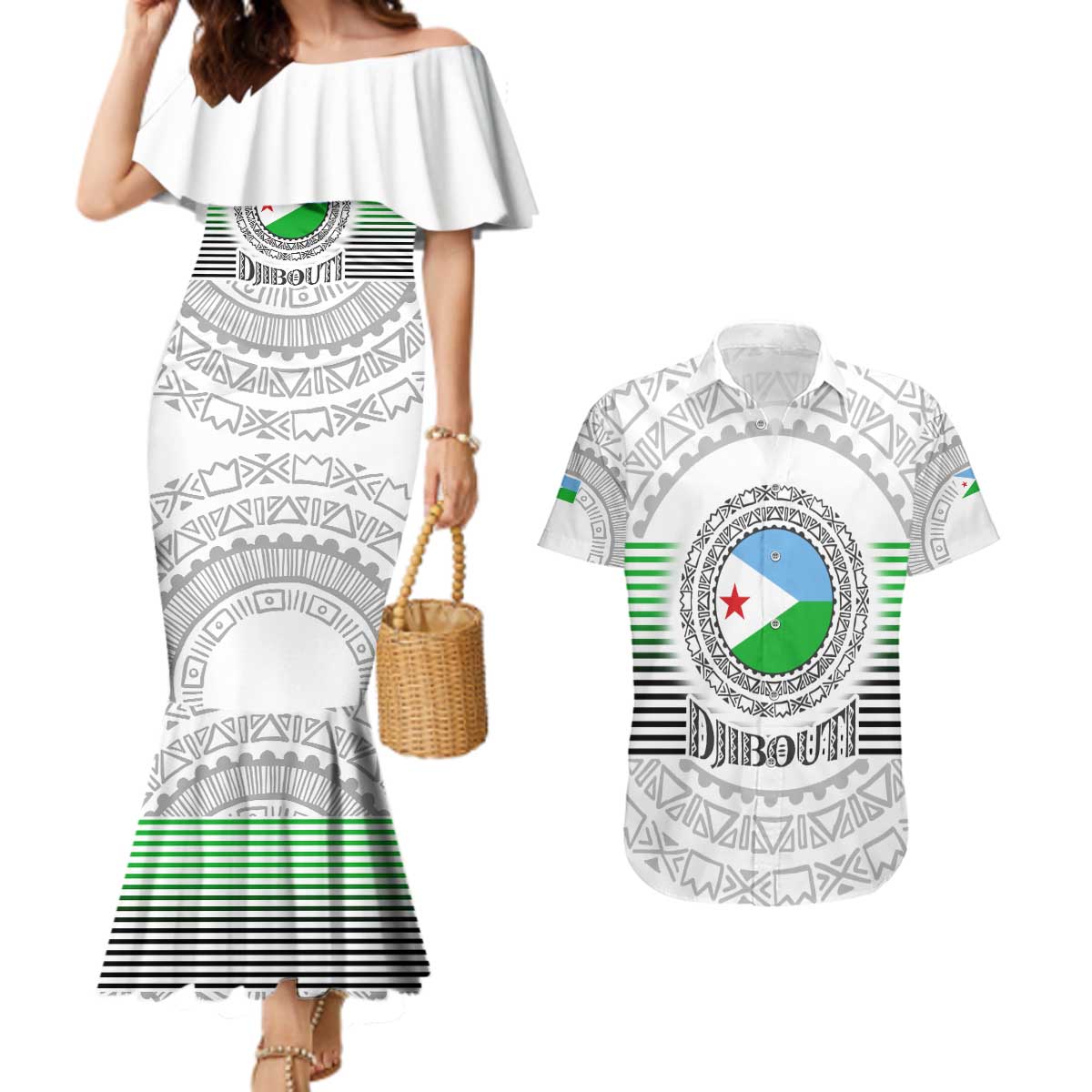 Djibouti Roots Couples Matching Mermaid Dress and Hawaiian Shirt Urban Streetwear with African Tribal Design & Patriotic Elements