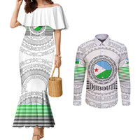 Djibouti Roots Couples Matching Mermaid Dress and Long Sleeve Button Shirt Urban Streetwear with African Tribal Design & Patriotic Elements