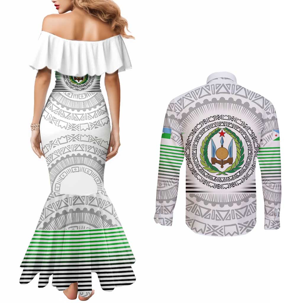 Djibouti Roots Couples Matching Mermaid Dress and Long Sleeve Button Shirt Urban Streetwear with African Tribal Design & Patriotic Elements