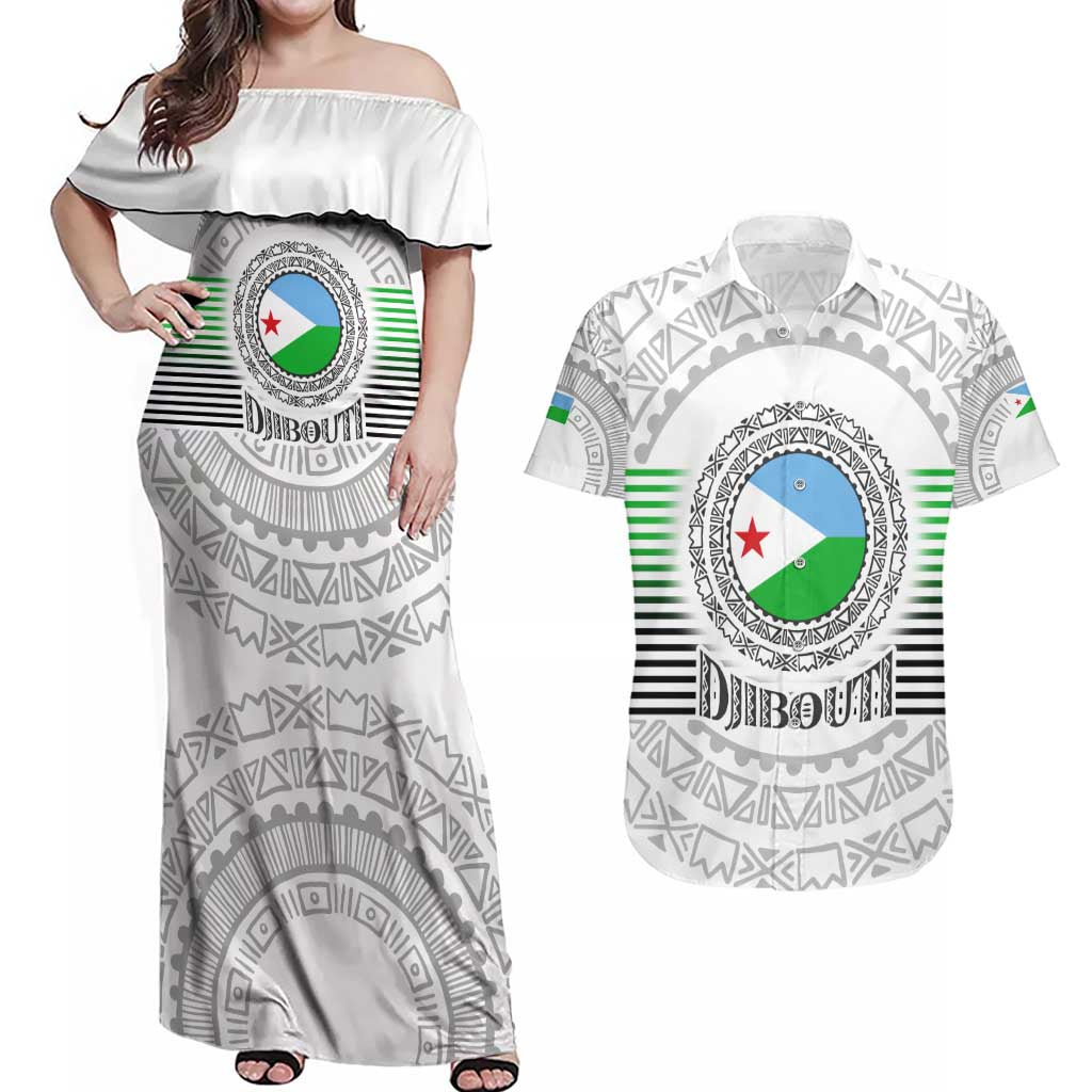 Djibouti Roots Couples Matching Off Shoulder Maxi Dress and Hawaiian Shirt Urban Streetwear with African Tribal Design & Patriotic Elements