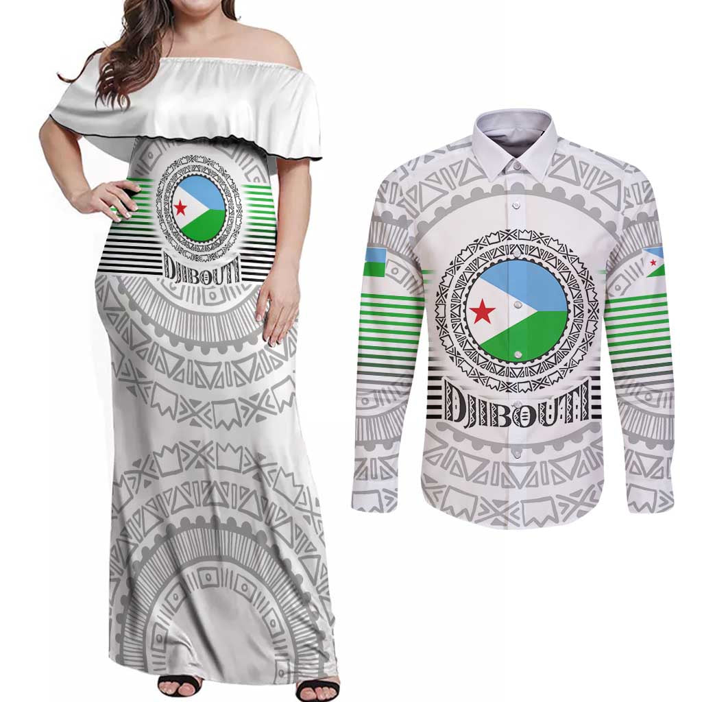 Djibouti Roots Couples Matching Off Shoulder Maxi Dress and Long Sleeve Button Shirt Urban Streetwear with African Tribal Design & Patriotic Elements
