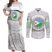 Djibouti Roots Couples Matching Off Shoulder Maxi Dress and Long Sleeve Button Shirt Urban Streetwear with African Tribal Design & Patriotic Elements