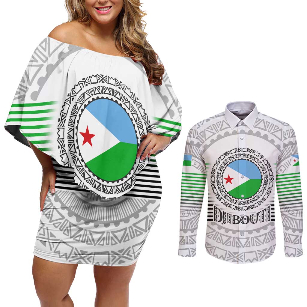 Djibouti Roots Couples Matching Off Shoulder Short Dress and Long Sleeve Button Shirt Urban Streetwear with African Tribal Design & Patriotic Elements