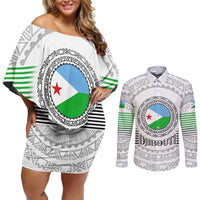 Djibouti Roots Couples Matching Off Shoulder Short Dress and Long Sleeve Button Shirt Urban Streetwear with African Tribal Design & Patriotic Elements
