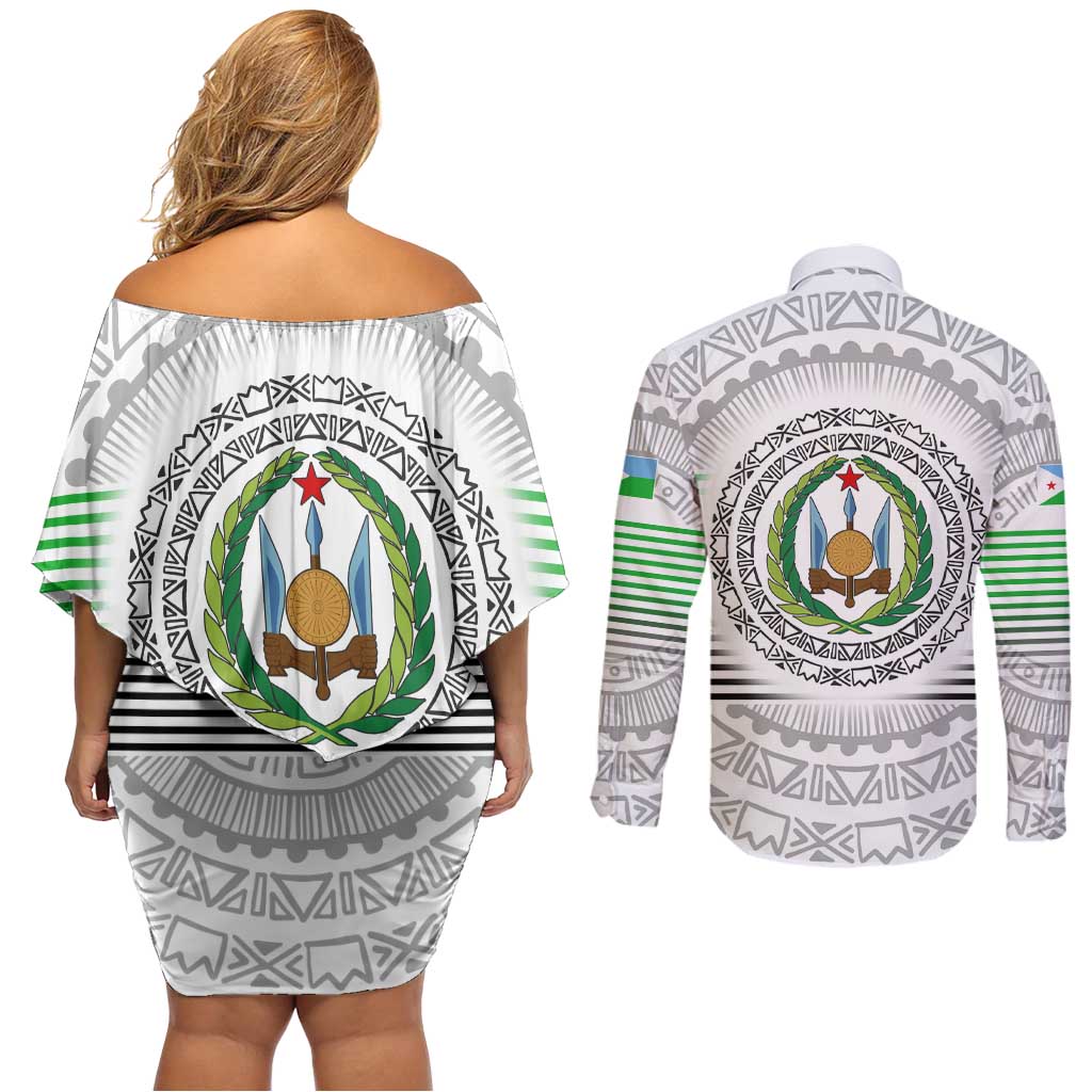 Djibouti Roots Couples Matching Off Shoulder Short Dress and Long Sleeve Button Shirt Urban Streetwear with African Tribal Design & Patriotic Elements