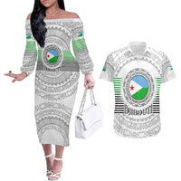 Djibouti Roots Couples Matching Off The Shoulder Long Sleeve Dress and Hawaiian Shirt Urban Streetwear with African Tribal Design & Patriotic Elements