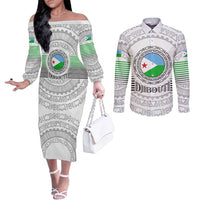 Djibouti Roots Couples Matching Off The Shoulder Long Sleeve Dress and Long Sleeve Button Shirt Urban Streetwear with African Tribal Design & Patriotic Elements