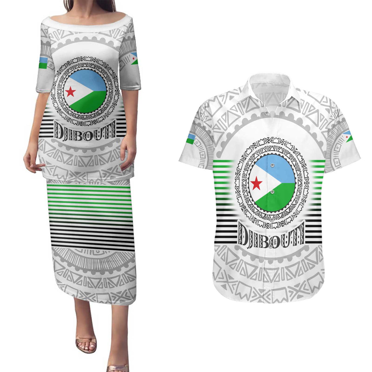 Djibouti Roots Couples Matching Puletasi and Hawaiian Shirt Urban Streetwear with African Tribal Design & Patriotic Elements