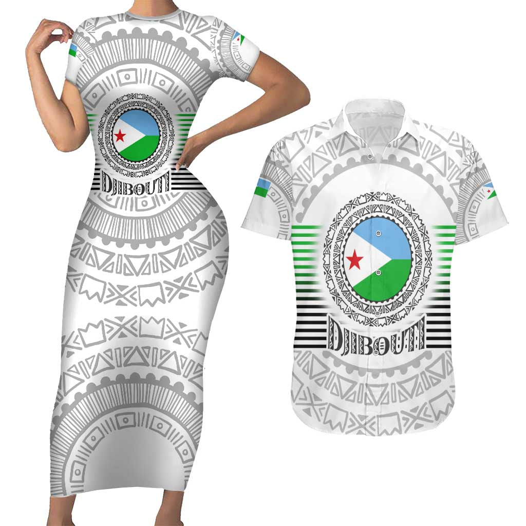 Djibouti Roots Couples Matching Short Sleeve Bodycon Dress and Hawaiian Shirt Urban Streetwear with African Tribal Design & Patriotic Elements