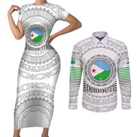 Djibouti Roots Couples Matching Short Sleeve Bodycon Dress and Long Sleeve Button Shirt Urban Streetwear with African Tribal Design & Patriotic Elements