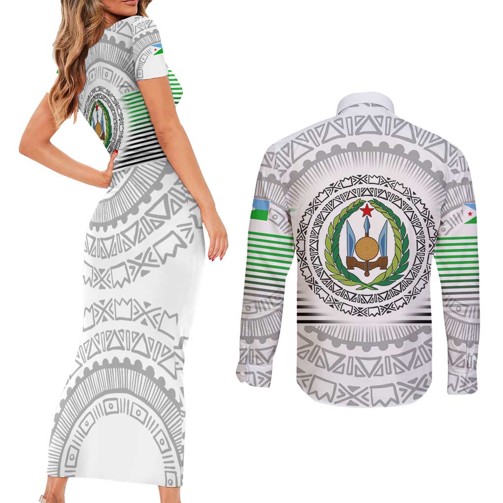 Djibouti Roots Couples Matching Short Sleeve Bodycon Dress and Long Sleeve Button Shirt Urban Streetwear with African Tribal Design & Patriotic Elements