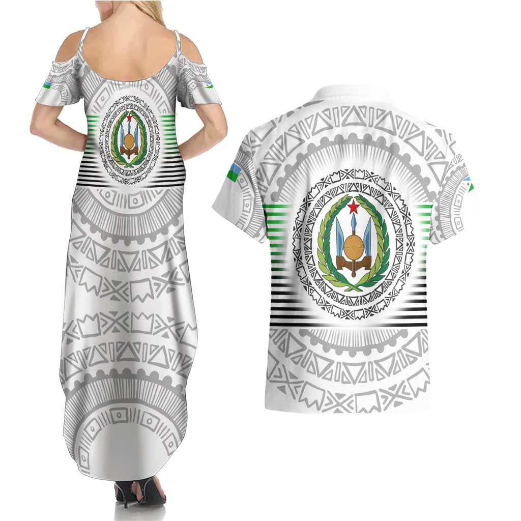 Djibouti Roots Couples Matching Summer Maxi Dress and Hawaiian Shirt Urban Streetwear with African Tribal Design & Patriotic Elements