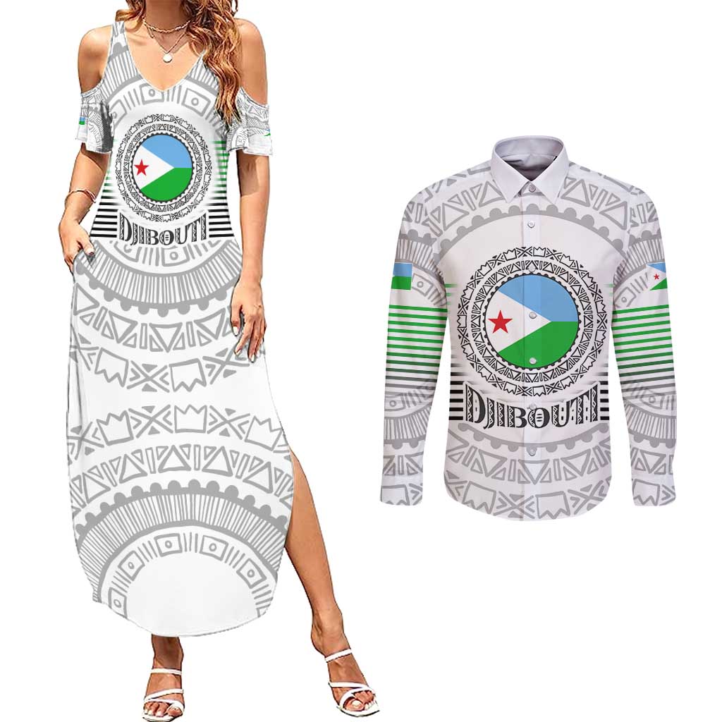 Djibouti Roots Couples Matching Summer Maxi Dress and Long Sleeve Button Shirt Urban Streetwear with African Tribal Design & Patriotic Elements