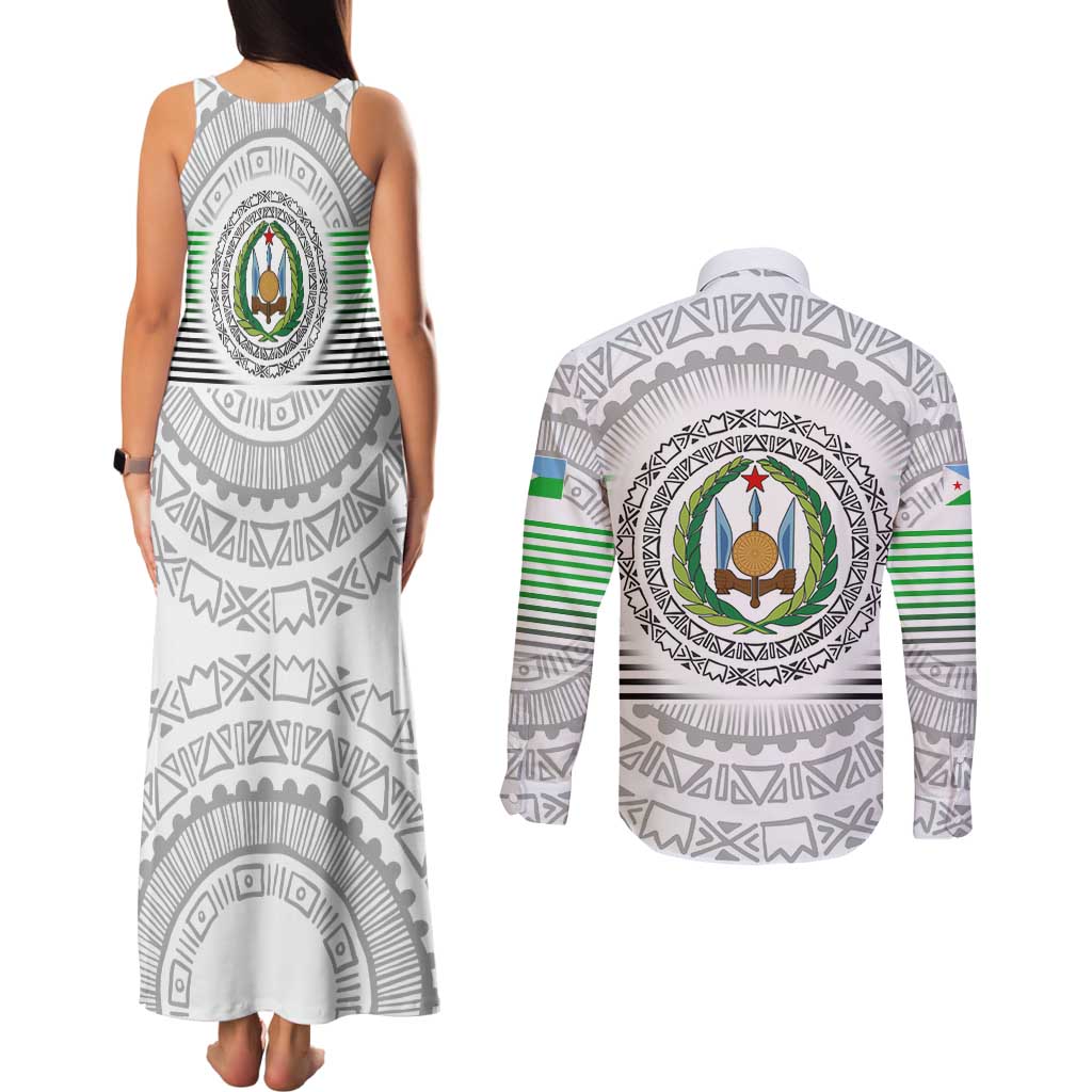 Djibouti Roots Couples Matching Tank Maxi Dress and Long Sleeve Button Shirt Urban Streetwear with African Tribal Design & Patriotic Elements