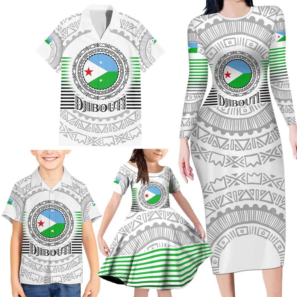Djibouti Roots Family Matching Long Sleeve Bodycon Dress and Hawaiian Shirt Urban Streetwear with African Tribal Design & Patriotic Elements