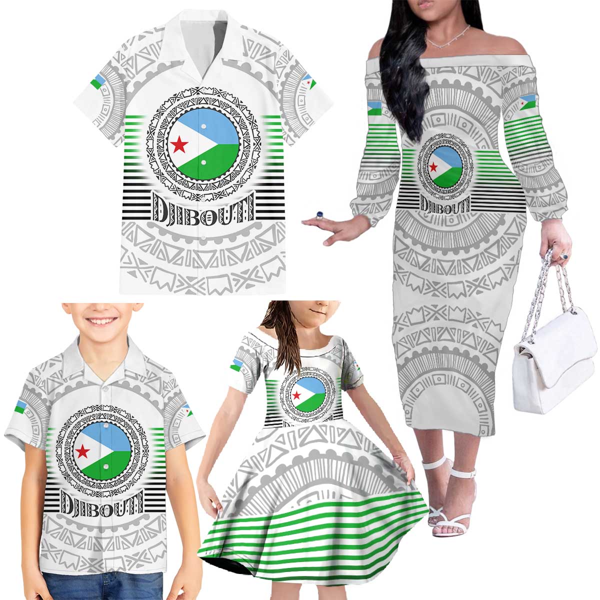 Djibouti Roots Family Matching Off The Shoulder Long Sleeve Dress and Hawaiian Shirt Urban Streetwear with African Tribal Design & Patriotic Elements
