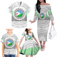 Djibouti Roots Family Matching Off The Shoulder Long Sleeve Dress and Hawaiian Shirt Urban Streetwear with African Tribal Design & Patriotic Elements