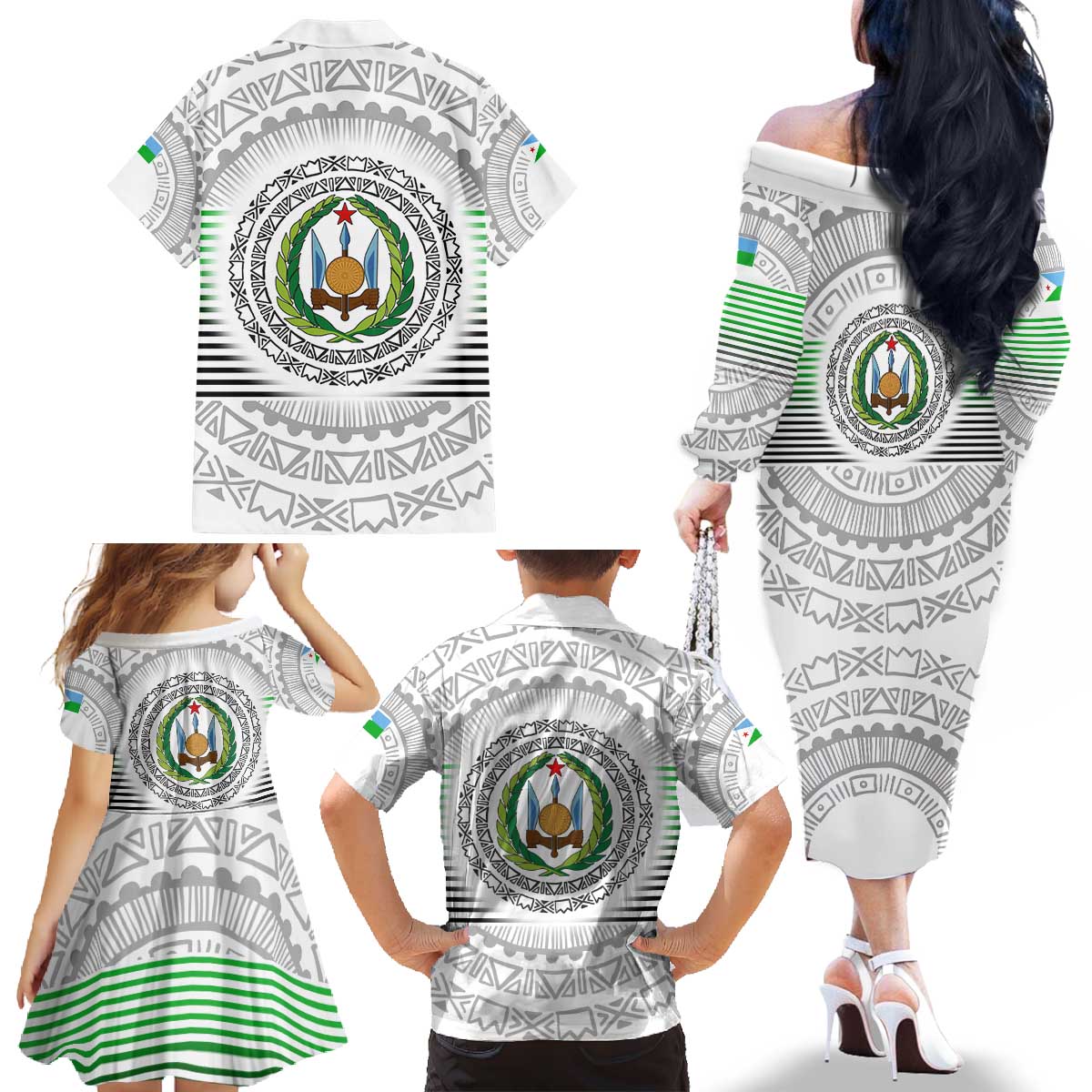 Djibouti Roots Family Matching Off The Shoulder Long Sleeve Dress and Hawaiian Shirt Urban Streetwear with African Tribal Design & Patriotic Elements