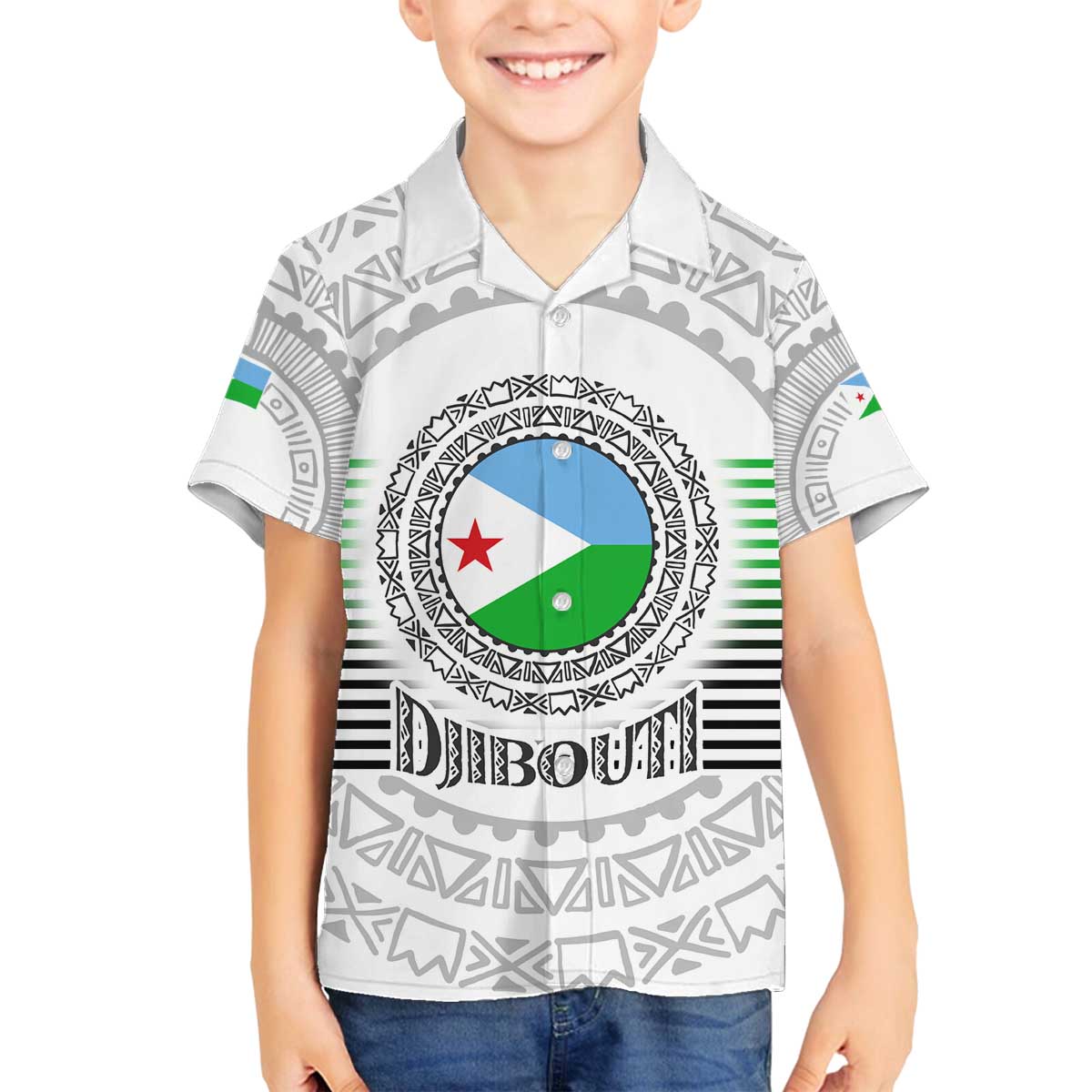 Djibouti Roots Family Matching Off The Shoulder Long Sleeve Dress and Hawaiian Shirt Urban Streetwear with African Tribal Design & Patriotic Elements