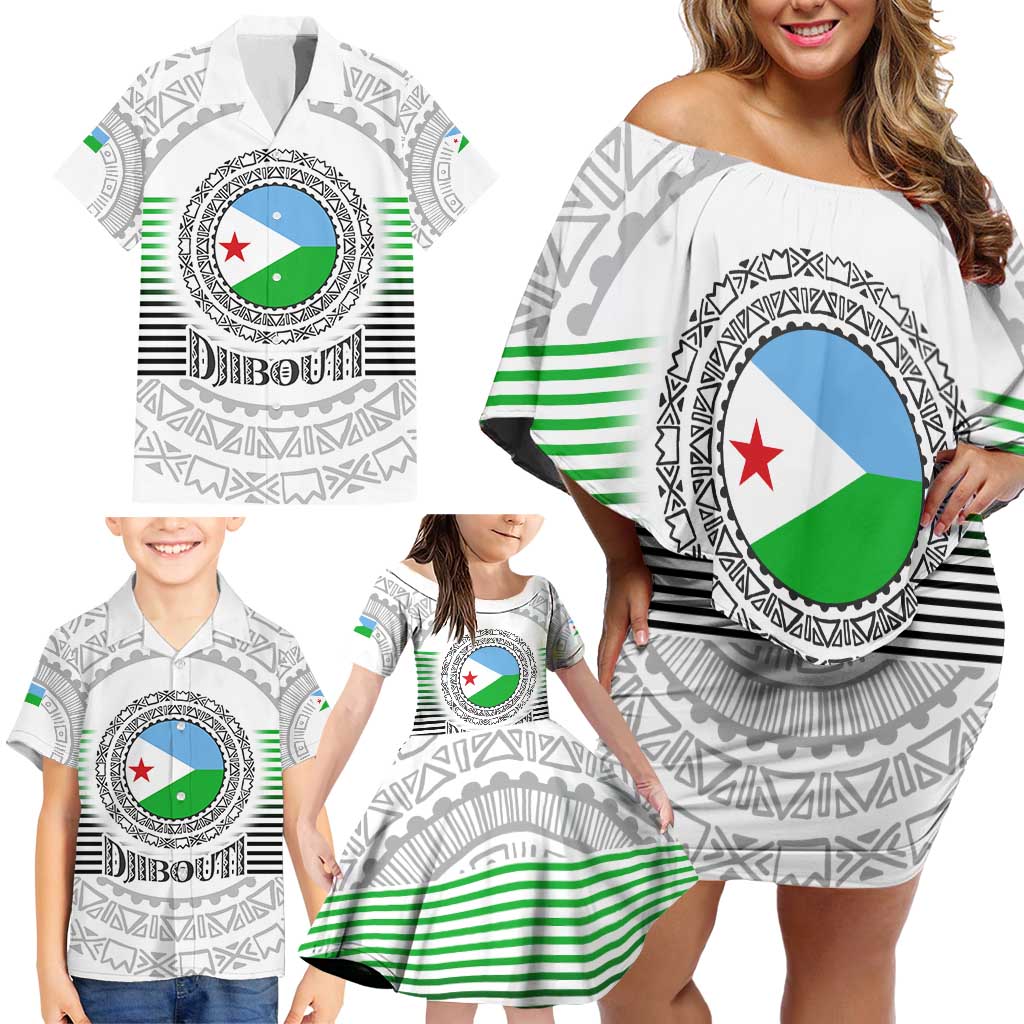 Djibouti Roots Family Matching Off Shoulder Short Dress and Hawaiian Shirt Urban Streetwear with African Tribal Design & Patriotic Elements