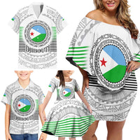 Djibouti Roots Family Matching Off Shoulder Short Dress and Hawaiian Shirt Urban Streetwear with African Tribal Design & Patriotic Elements