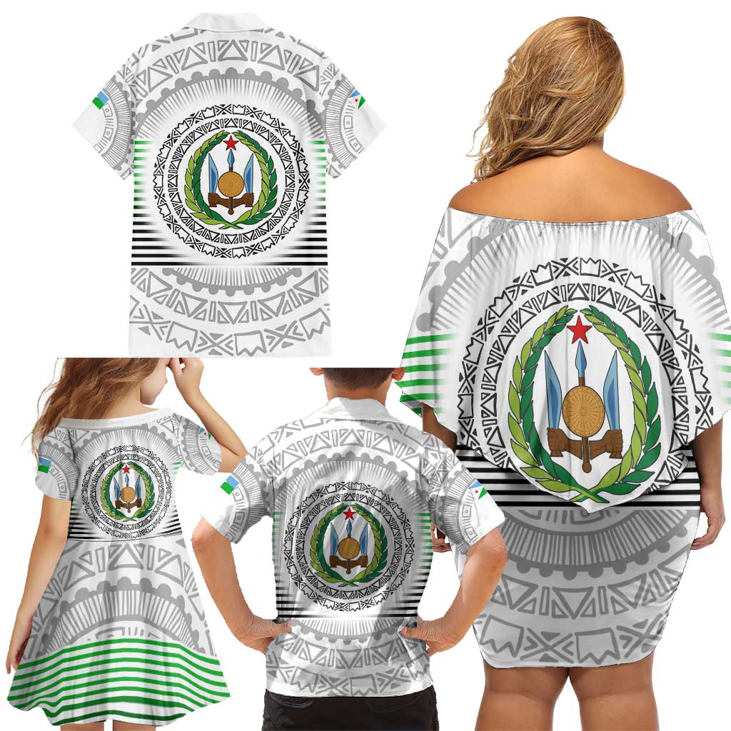 Djibouti Roots Family Matching Off Shoulder Short Dress and Hawaiian Shirt Urban Streetwear with African Tribal Design & Patriotic Elements