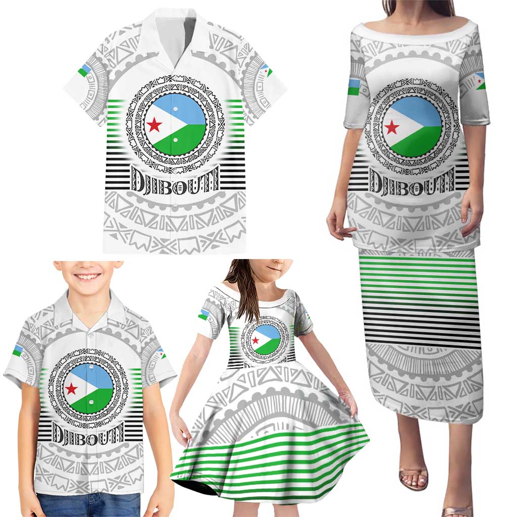 Djibouti Roots Family Matching Puletasi and Hawaiian Shirt Urban Streetwear with African Tribal Design & Patriotic Elements