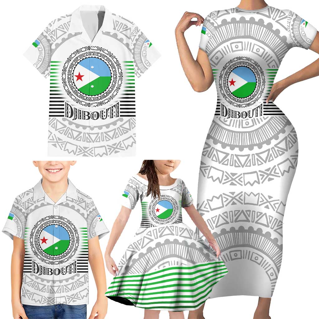 Djibouti Roots Family Matching Short Sleeve Bodycon Dress and Hawaiian Shirt Urban Streetwear with African Tribal Design & Patriotic Elements