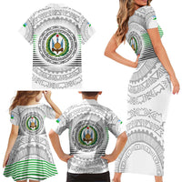 Djibouti Roots Family Matching Short Sleeve Bodycon Dress and Hawaiian Shirt Urban Streetwear with African Tribal Design & Patriotic Elements