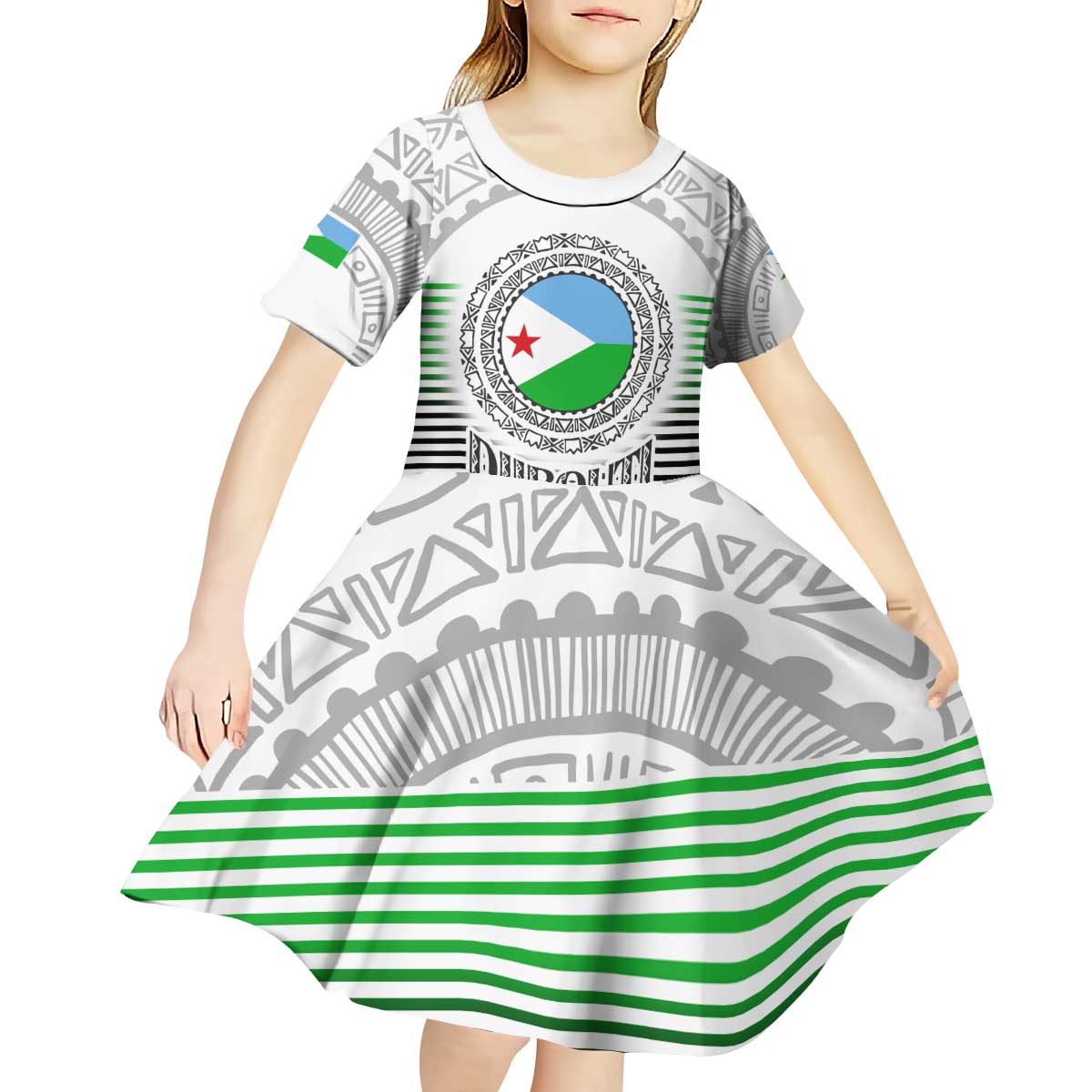 Djibouti Roots Kid Short Sleeve Dress Urban Streetwear with African Tribal Design & Patriotic Elements