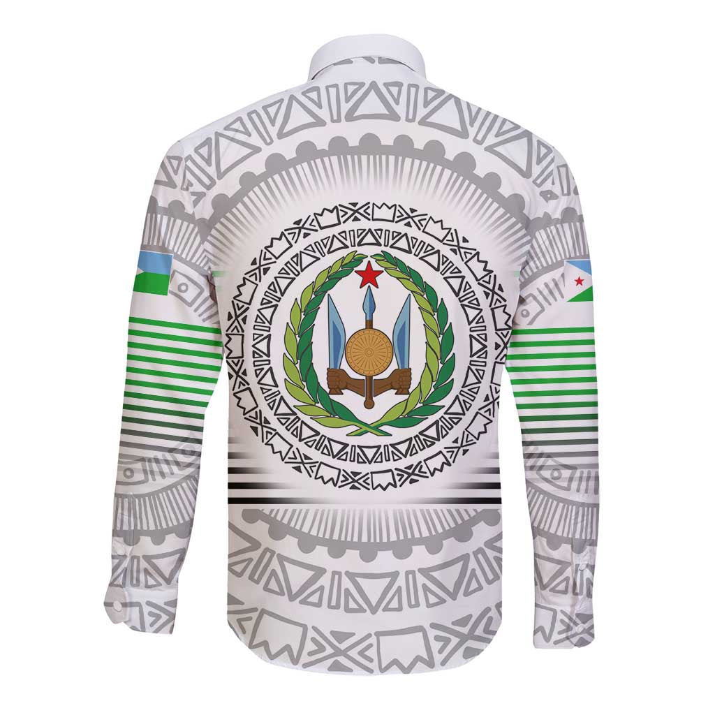 Djibouti Roots Long Sleeve Button Shirt Urban Streetwear with African Tribal Design & Patriotic Elements