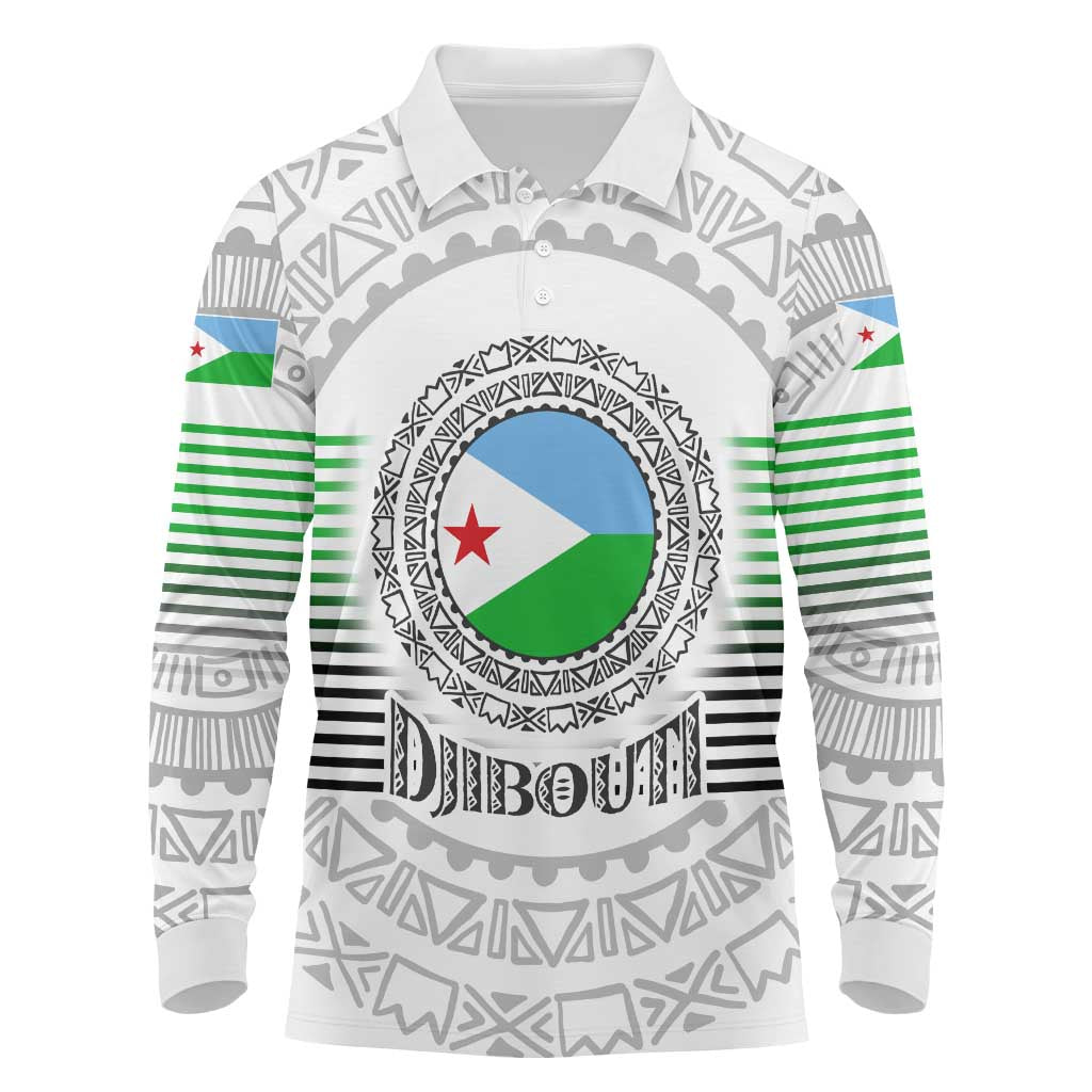 Djibouti Roots Long Sleeve Polo Shirt Urban Streetwear with African Tribal Design & Patriotic Elements