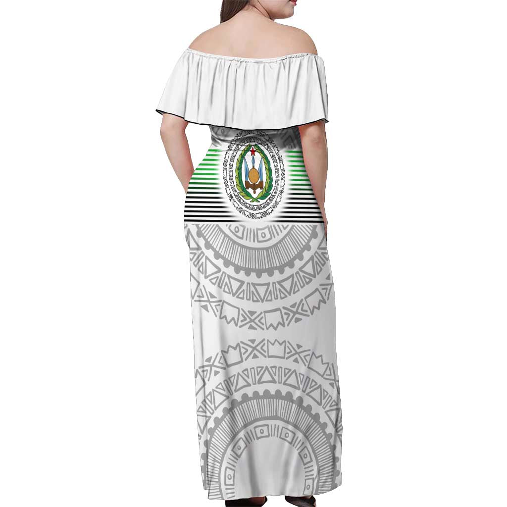 Djibouti Roots Off Shoulder Maxi Dress Urban Streetwear with African Tribal Design & Patriotic Elements
