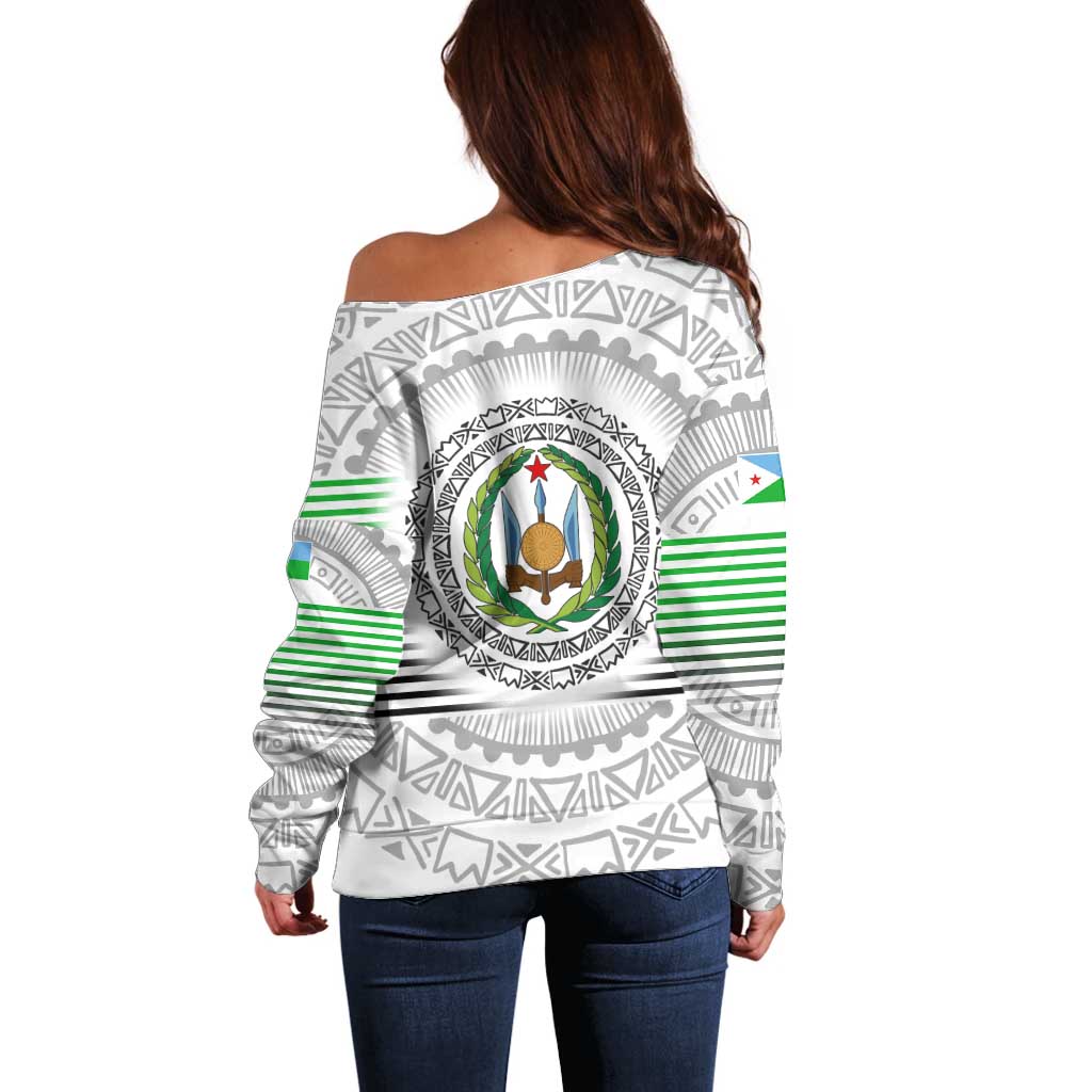 Djibouti Roots Off Shoulder Sweater Urban Streetwear with African Tribal Design & Patriotic Elements