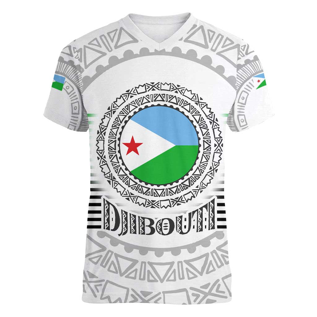 Djibouti Roots Women V-Neck T-Shirt Urban Streetwear with African Tribal Design & Patriotic Elements