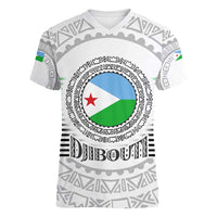 Djibouti Roots Women V-Neck T-Shirt Urban Streetwear with African Tribal Design & Patriotic Elements