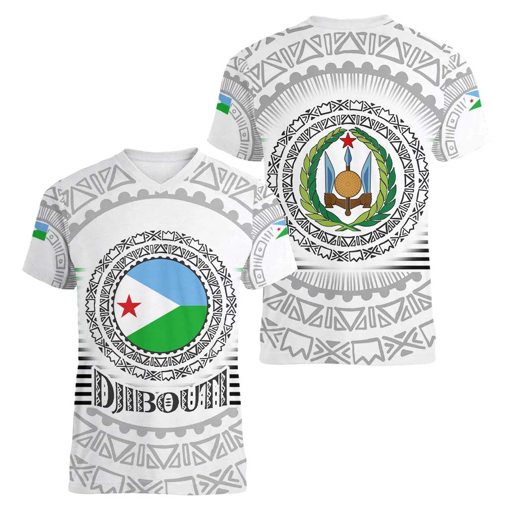 Djibouti Roots Women V-Neck T-Shirt Urban Streetwear with African Tribal Design & Patriotic Elements