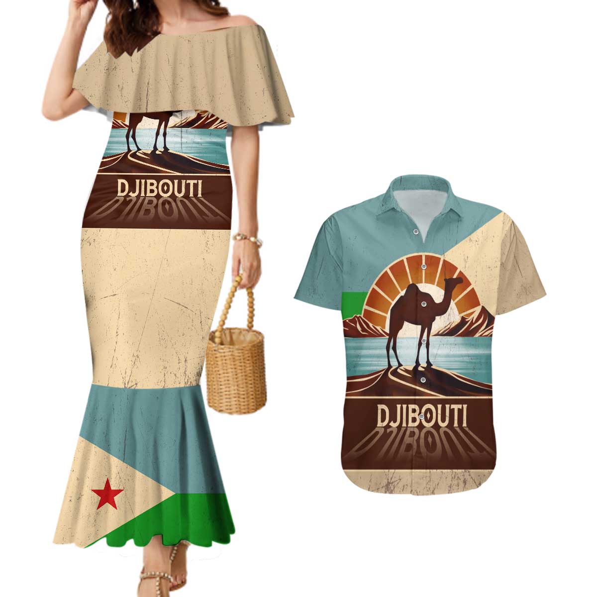 Echoes of Djibouti Couples Matching Mermaid Dress and Hawaiian Shirt Where Desert Meets Sea and Heritage Stands Tall