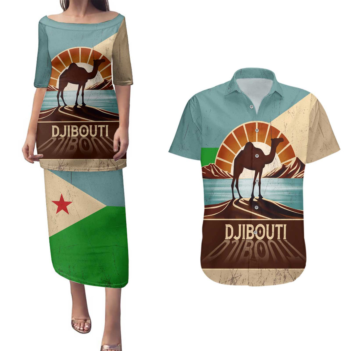Echoes of Djibouti Couples Matching Puletasi and Hawaiian Shirt Where Desert Meets Sea and Heritage Stands Tall