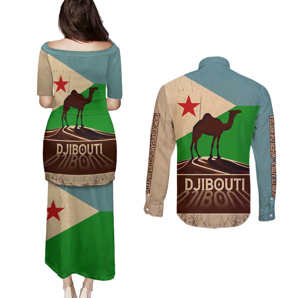 Echoes of Djibouti Couples Matching Puletasi and Long Sleeve Button Shirt Where Desert Meets Sea and Heritage Stands Tall