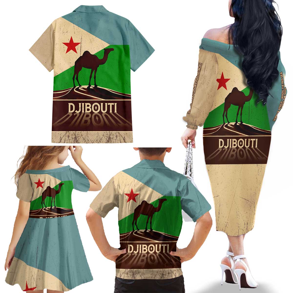 Echoes of Djibouti Family Matching Off The Shoulder Long Sleeve Dress and Hawaiian Shirt Where Desert Meets Sea and Heritage Stands Tall
