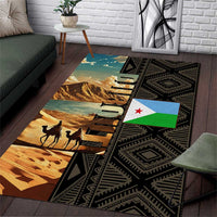 Djibouti Desert Landscape Tadjoura Area Rug with Camel Riders and Tribal Pattern Design