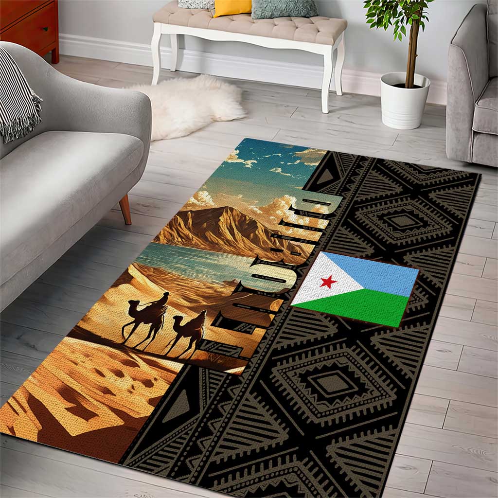 Djibouti Desert Landscape Tadjoura Area Rug with Camel Riders and Tribal Pattern Design