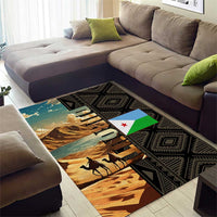 Djibouti Desert Landscape Tadjoura Area Rug with Camel Riders and Tribal Pattern Design