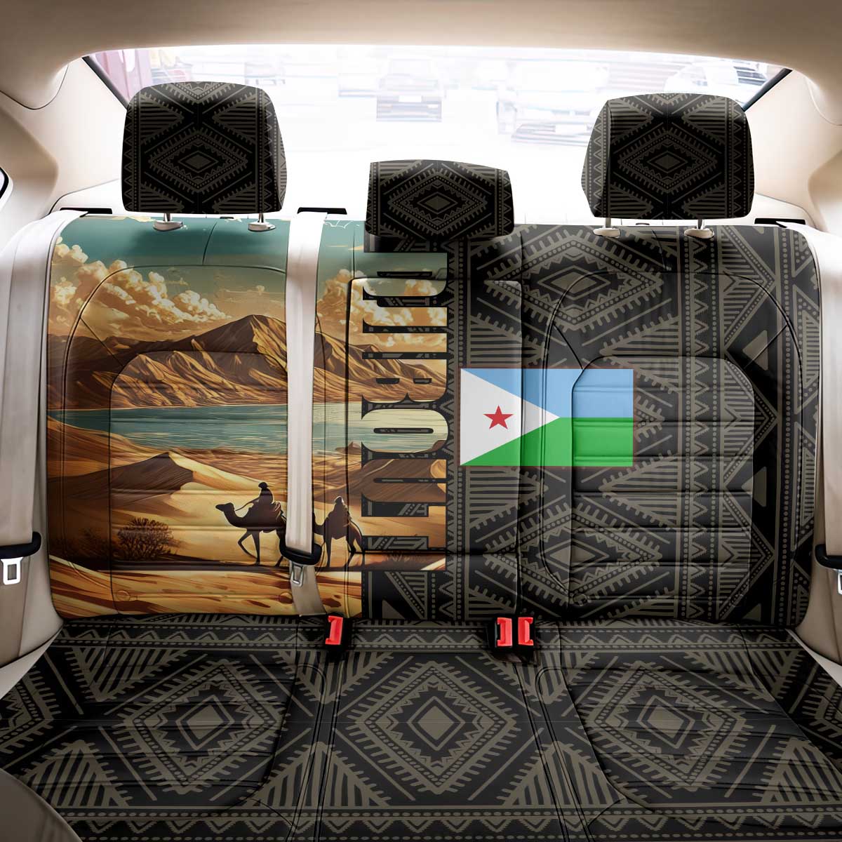 Djibouti Desert Landscape Tadjoura Back Car Seat Cover with Camel Riders and Tribal Pattern Design