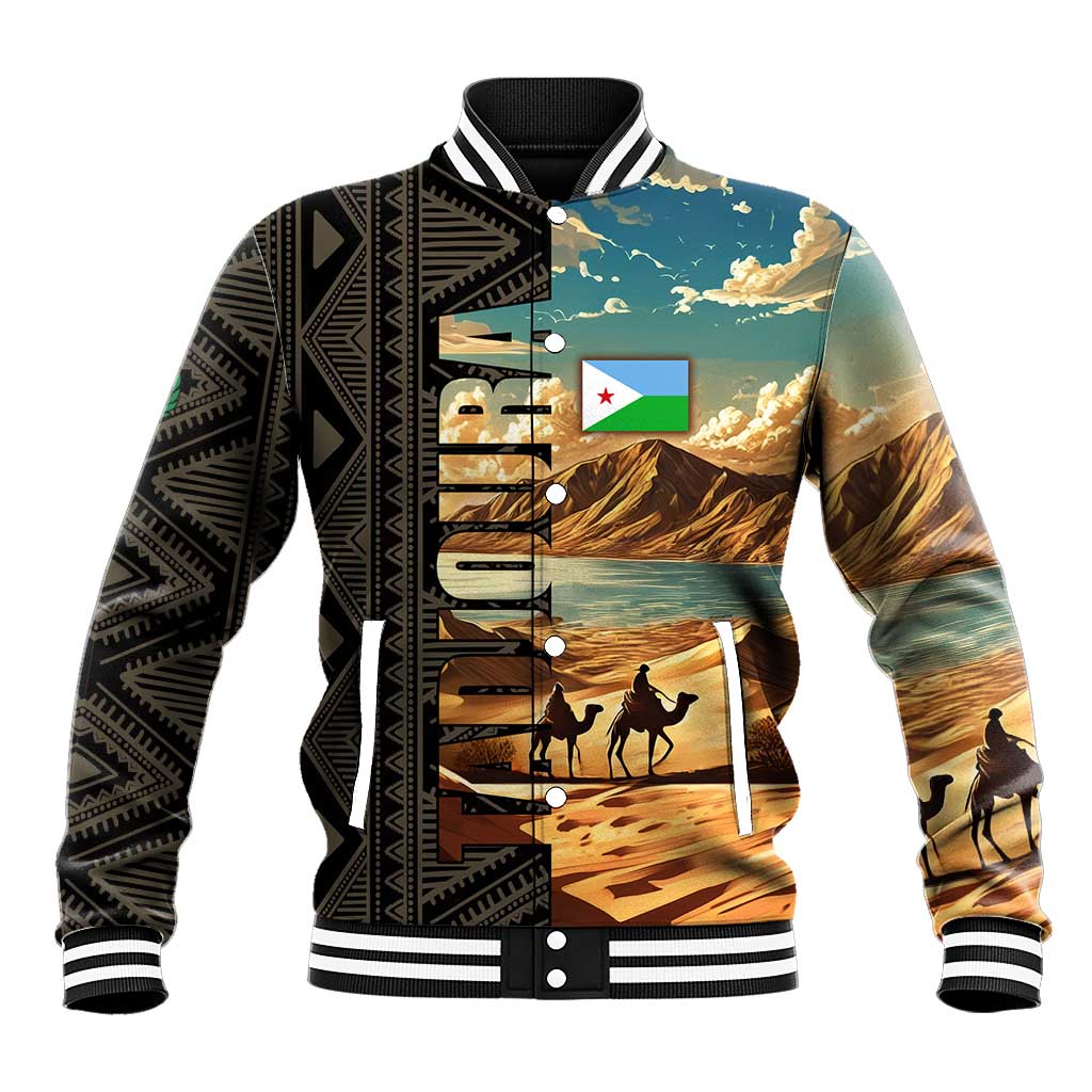 Djibouti Desert Landscape Tadjoura Baseball Jacket with Camel Riders and Tribal Pattern Design