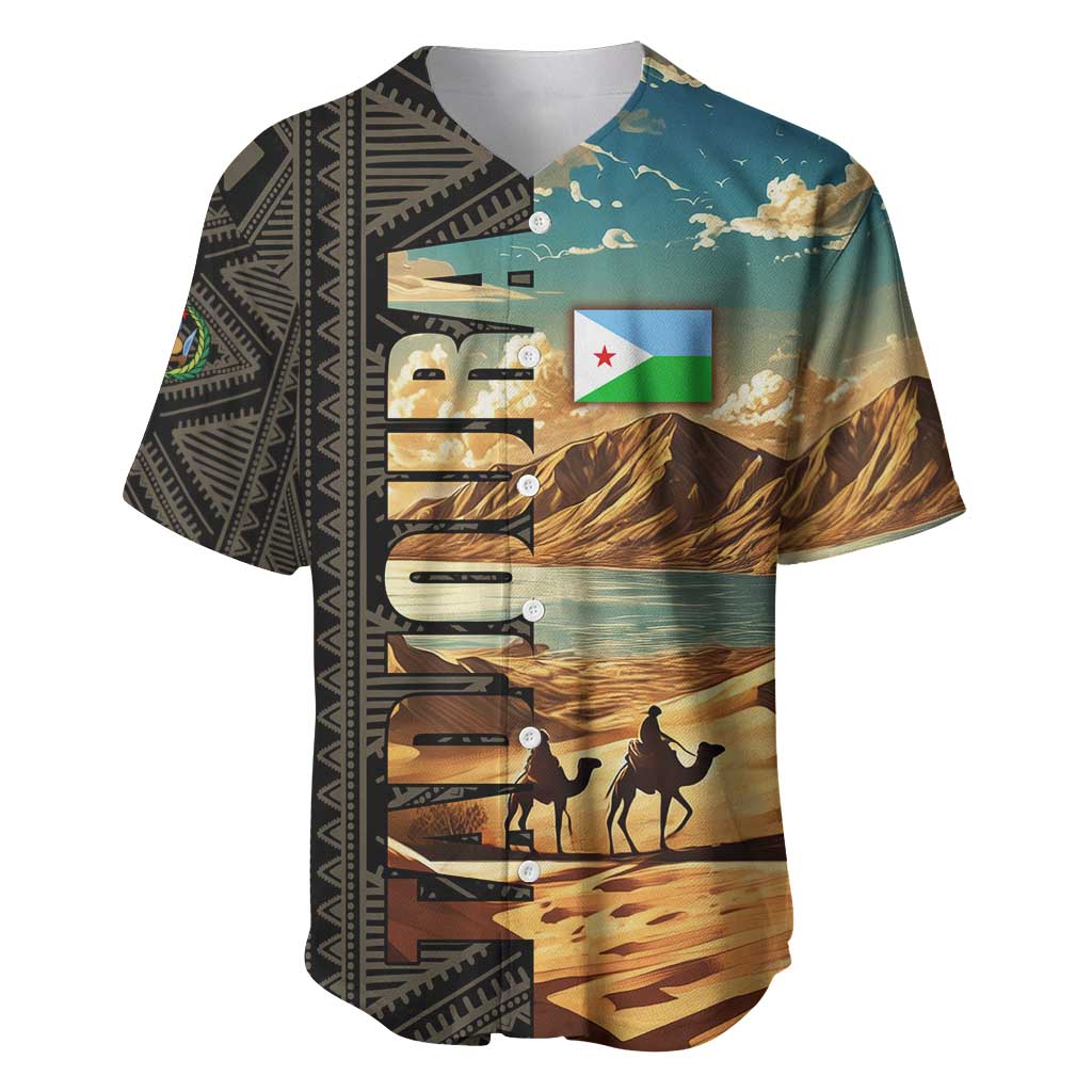 Djibouti Desert Landscape Tadjoura Baseball Jersey with Camel Riders and Tribal Pattern Design