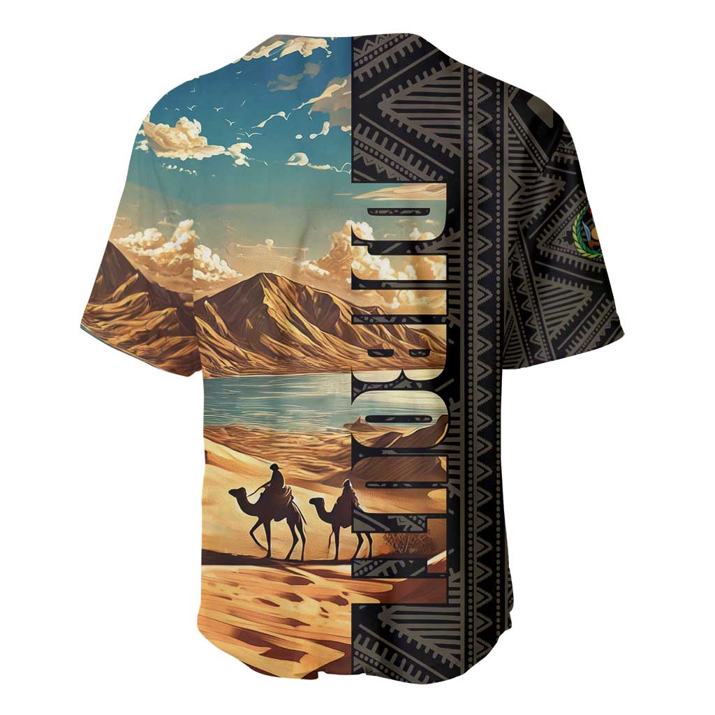 Djibouti Desert Landscape Tadjoura Baseball Jersey with Camel Riders and Tribal Pattern Design