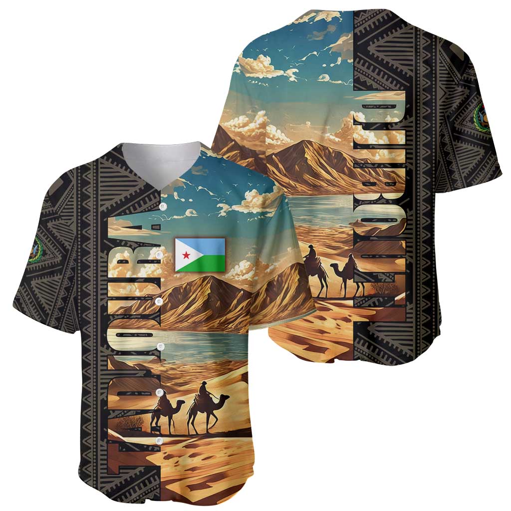 Djibouti Desert Landscape Tadjoura Baseball Jersey with Camel Riders and Tribal Pattern Design