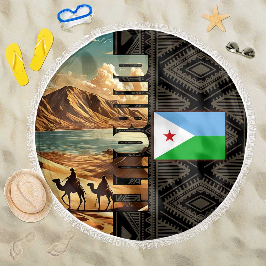 Djibouti Desert Landscape Tadjoura Beach Blanket with Camel Riders and Tribal Pattern Design
